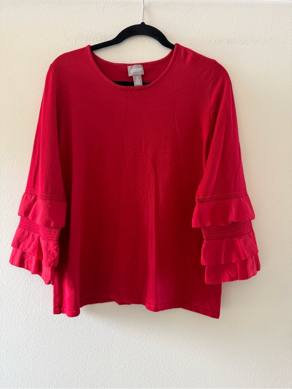 Chico's Vibrant Red Ruffle-Sleeve Knit Top Size 2 US L